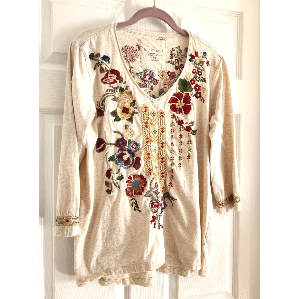 Karyn Seo Floral Embroidered Blouse Sz Large Long Sleeves Pre Owned